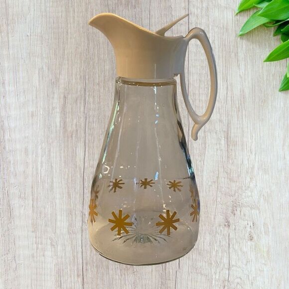 Vintage Mid Century Glass Log Cabin Syrup Pitcher Gold Atomic Starburst 1960's - Picture 1 of 8